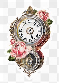 Png vintage wall clock sticker, aesthetic illustration, transparent background