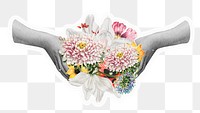 Png hands holding flowers sticker, aesthetic design, transparent background