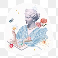 Png Greek goddess statue sticker, aesthetic design, transparent background