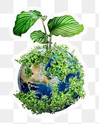 Png tree growing on globe sticker, save the earth, transparent background