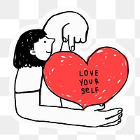 Png woman holding love yourself red heart sticker, drawing illustration, transparent background