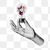 Png hand holding flower light bulb sticker, aesthetic design, transparent background