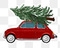 Christmas car png sticker, tree hauling on roof, transparent background