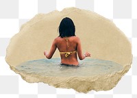 Woman in bikini png sticker, ripped paper, transparent background