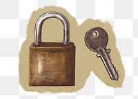 Lock and key png sticker, ripped paper, transparent background