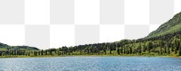 Lake mountain png border, serene nature image, transparent background