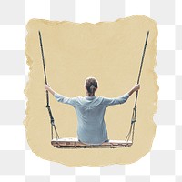 Woman on swing png sticker, ripped paper, transparent background