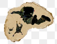 Men with parachute png sticker, ripped paper, transparent background