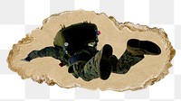 Man with parachute png sticker, ripped paper, transparent background