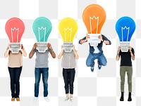 Light bulbs png sticker, diverse people holding icons, transparent background