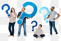 Question marks png sticker, diverse people holding icons, transparent background