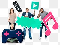 Gaming entertainment png sticker, diverse people holding icons, transparent background