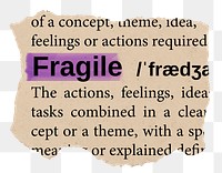 Fragile png word sticker, torn paper dictionary, transparent background