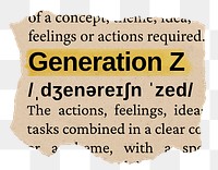 Generation Z png word sticker, torn paper dictionary, transparent background