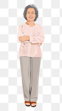 PNG senior Asian woman sticker, standing character in transparent background