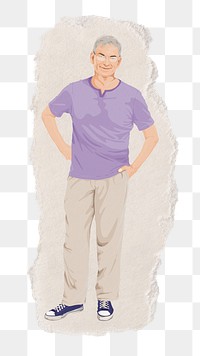 PNG senior man sticker, ripped paper, transparent background