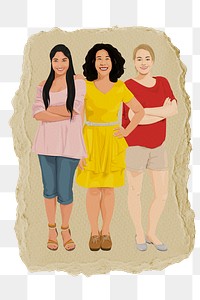 Diverse women png sticker, standing people in ripped paper, transparent background