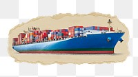 Container ship png sticker, ripped paper, transparent background