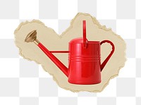 Watering can png sticker, ripped paper, transparent background