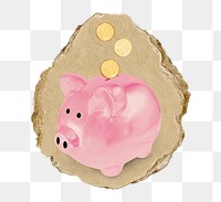 Piggy bank png sticker, ripped paper, transparent background