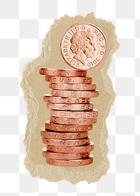 Png two pence, UK coin stack on ripped paper. Location unknown, 1 JUNE 2022