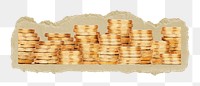 Gold coins, money png sticker, ripped paper, transparent background