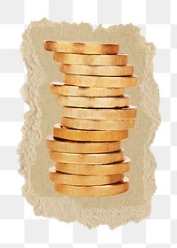 Gold coins, money png sticker, ripped paper, transparent background