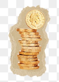 Png UK one pound coins on ripped paper. Location unknown, 1 JUNE 2022