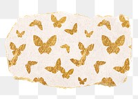 Gold butterfly png pattern sticker, ripped paper transparent background