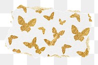 Gold butterfly png pattern sticker, torn paper transparent background