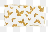 Gold butterfly png pattern sticker, ripped paper transparent background