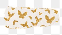 Gold butterfly png pattern sticker, ripped paper transparent background