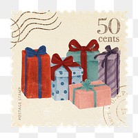 Postage stamp png Christmas presents sticker, transparent background