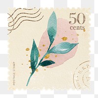 Watercolour leaves png postage stamp sticker, bullet journal, transparent background