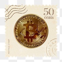 Png bitcoin postage stamp sticker, realistic design, transparent background 