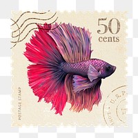 Png fish post stamp sticker, hand drawn design, transparent background