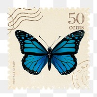 Png butterfly post stamp sticker, hand drawn design, transparent background