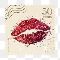 Glitter png postage stamp sticker, lips, transparent background 