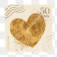 Glitter png postage stamp sticker, gold heart, transparent background 