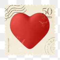 3d heart png postage stamp sticker, transparent background