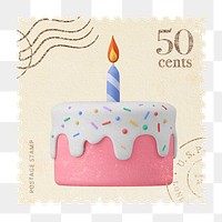 Png 3d birthday cake postage stamp sticker, transparent background