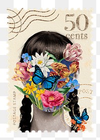 Png flower girl post stamp sticker, collage art, transparent background