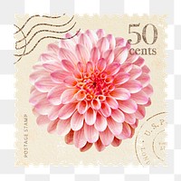 Png dahlia postage stamp sticker, vintage flower, transparent background