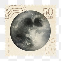 Png moon postage stamp sticker, hand drawn design, transparent background