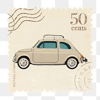 Png retro car post stamp sticker, hand drawn design, transparent background