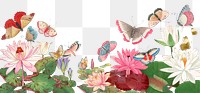 Lotus flowers png border, aesthetic butterfly illustration, transparent background