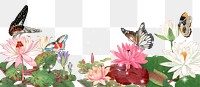 Lotus flowers png border, aesthetic butterfly illustration, transparent background