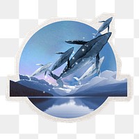 PNG surreal whale badge sticker, collage element in transparent background