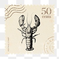 Lobster png postage stamp sticker, hand drawn, transparent background