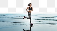Jogging woman png by the beach border, transparent background